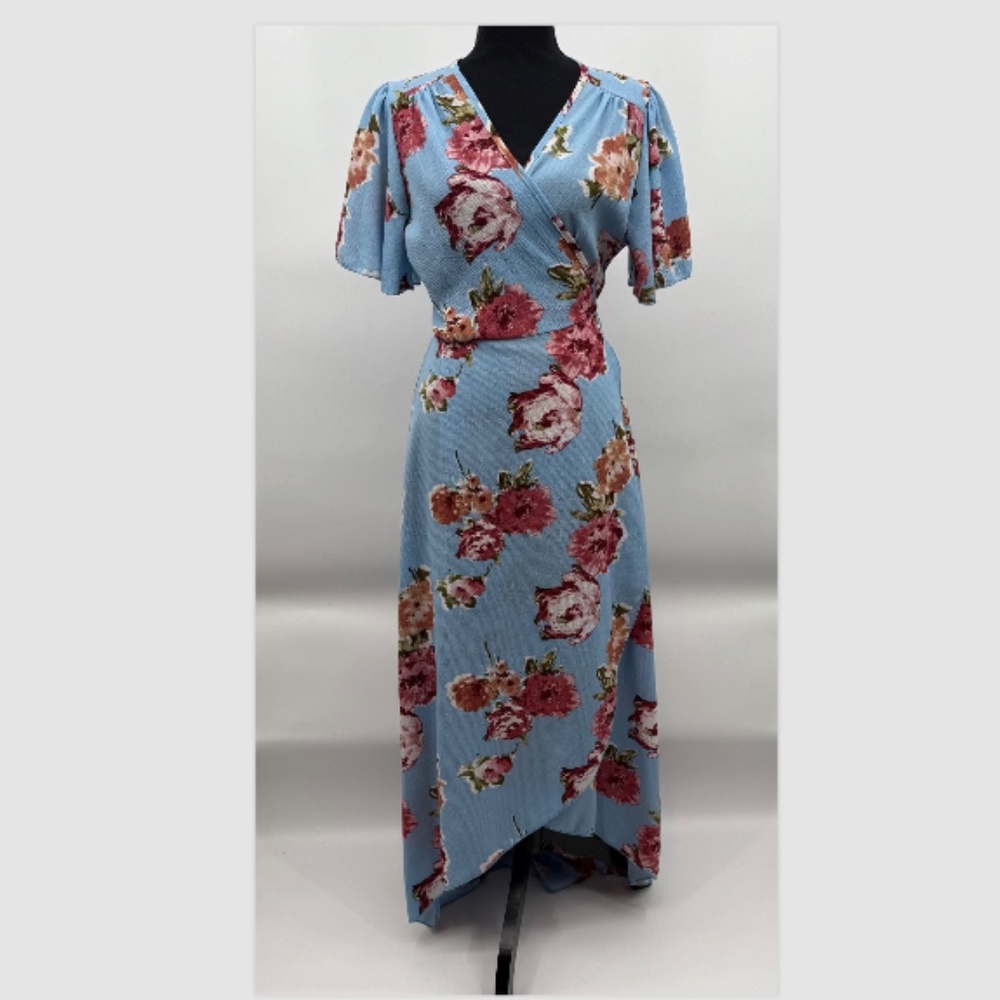 Eden In Love Dress Women Medium Blue Wrap Floral Midi Fairy Cottage Boho Hippie
